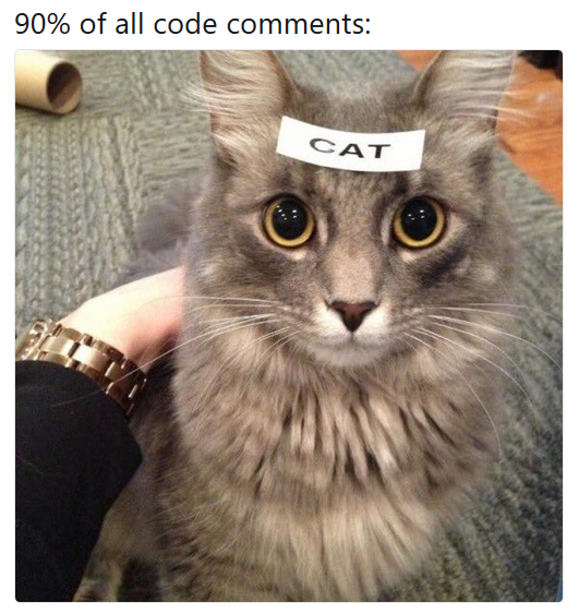 A sticker says “cat” on a head of a cat